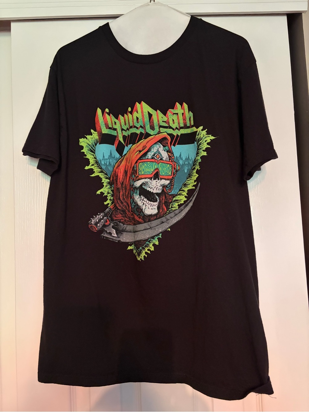 Liquid Death Black Tee with Neon Skull Graphic